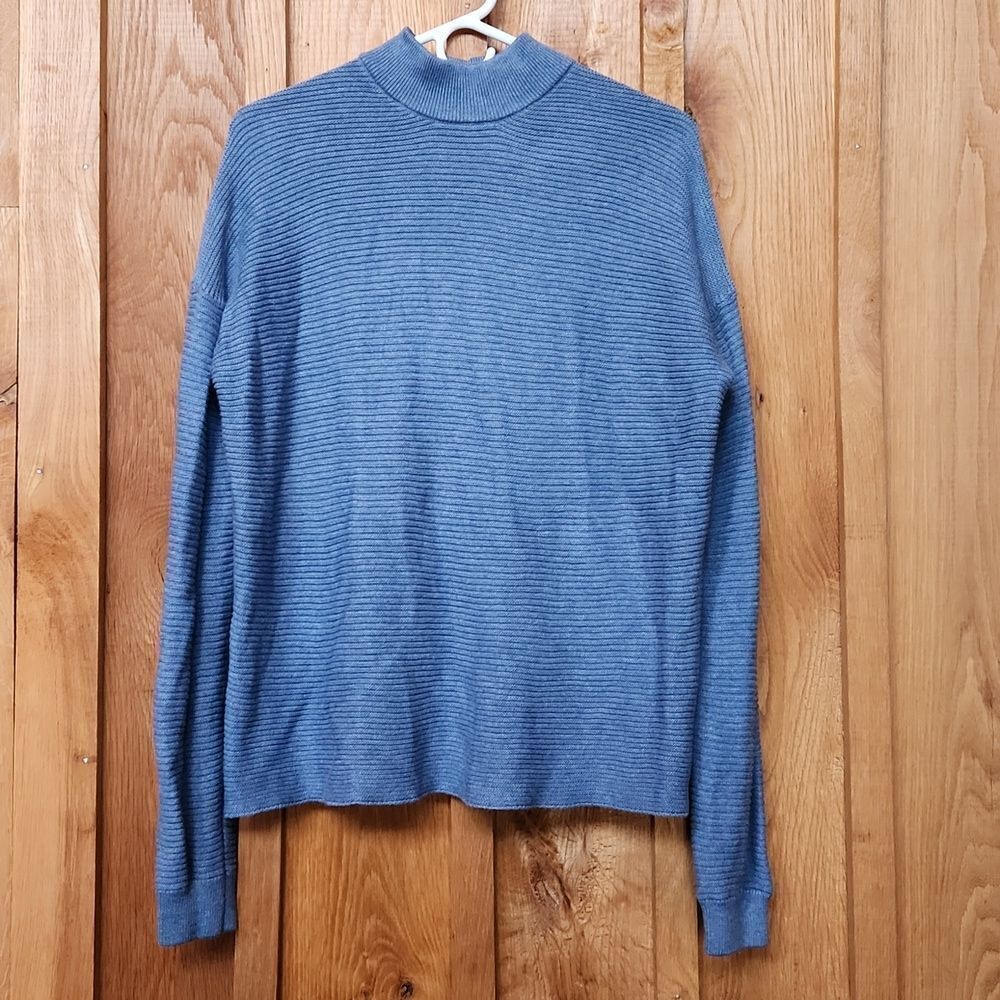 Sahalie Mock Neck Oversized Ribbed Cotton Blend Knit Sweater, Medium, Blue